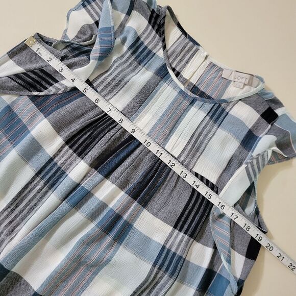 Loft Blue Plaid Rayon Sleeveless Ruffle Blouse - Picture 6 of 16